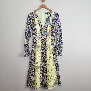 ModCloth Unique Persona Floral Long Sleeve Midi Dress - Yellow Navy NWT Size 2